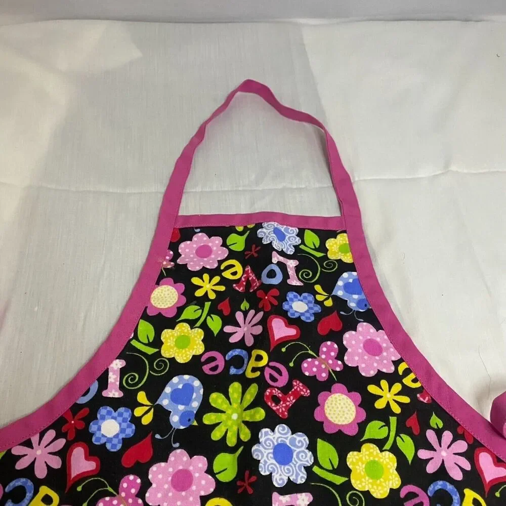 #7123 Girls Child Small Apron Peace Love 15 inch long size 3-5